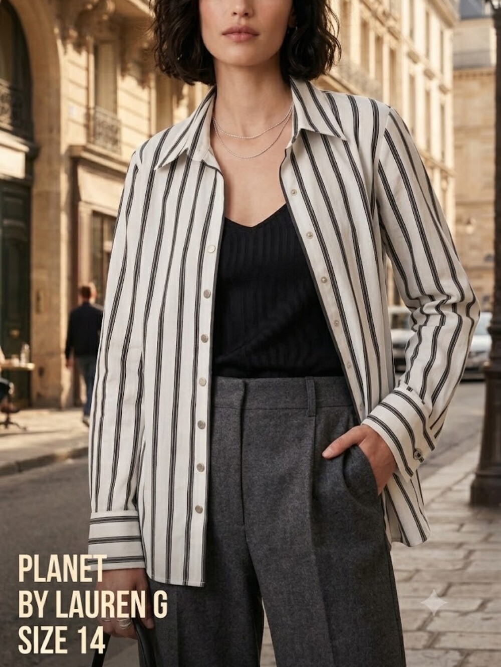 Planet By Lauren G Office Siren Striped French Cuff Blouse CorpCore